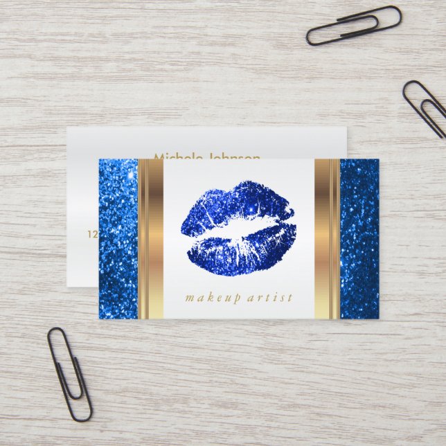 Tarjeta De Visita Luminosos labios Purpurinas azules y elegante oro  (Anverso/Reverso In Situ)