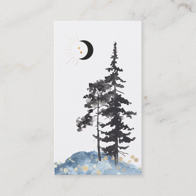 Tarjeta De Visita *~* Luna Crescent Árboles Oro Estrellas Purpurina  (Anverso)