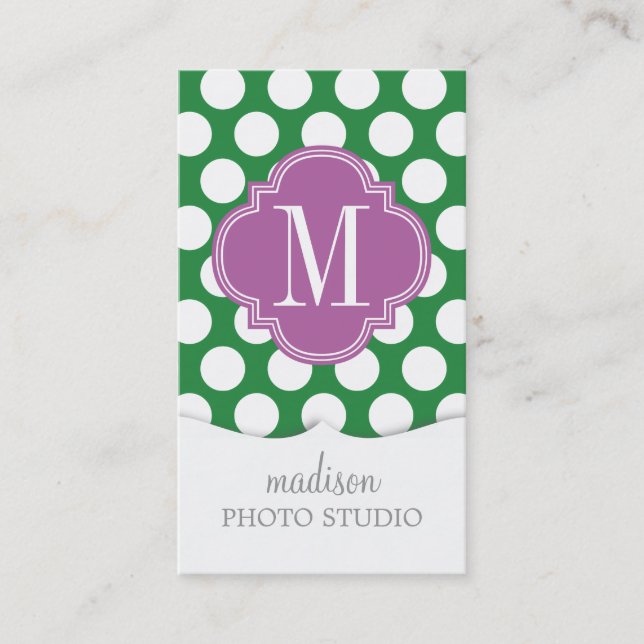 Tarjeta De Visita Lunares grandes verde oscuro y púrpuras cones (Anverso)