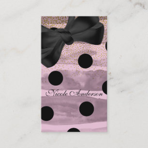 Tarjeta De Visita Lunares Rosa y Dorado Negro Lazo Chic Moderno