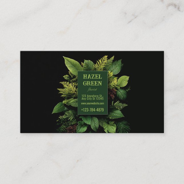 Tarjeta De Visita Lush Green Fern Foliage Black Modern Botanical (Anverso)