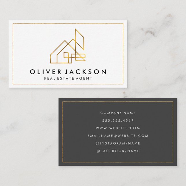 Tarjeta De Visita Lux Gold Real Estate House | Borde dorado (Anverso / Reverso)