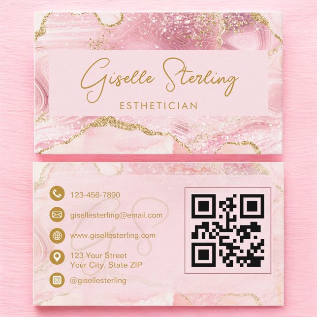 Tarjeta De Visita Luxe Esthetician Blush Pink Gold Agate QR Code (Subido por el creador)
