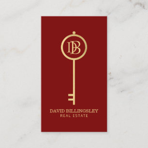 Tarjeta De Visita Luxe Faux Gold Skeleton Key Monograma Realtor Red