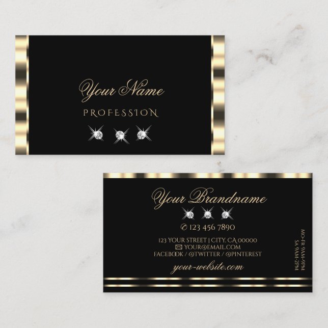 Tarjeta De Visita Luxe Glam Gold Black Sparkling Diamonds Luxurious (Anverso / Reverso)