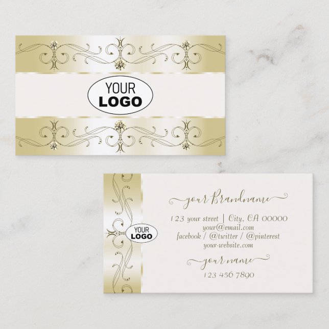 Tarjeta De Visita Luxe Glam Gold y Cream Ornate Borders with Logo (Anverso / Reverso)