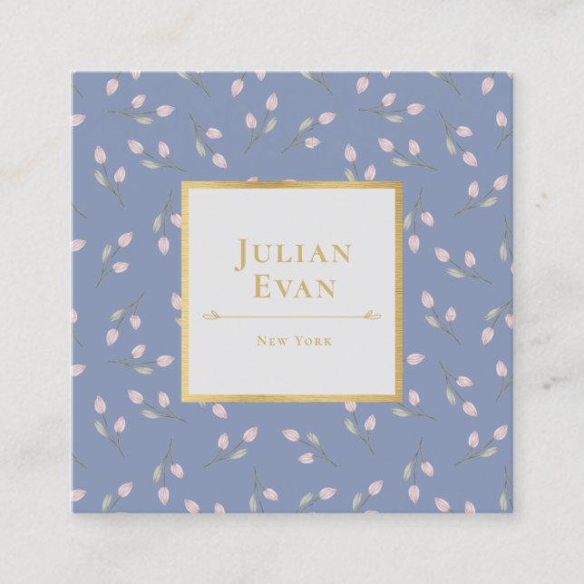 Tarjeta de visita Luxe Gold Dusty Blue Flower Patt (Anverso)
