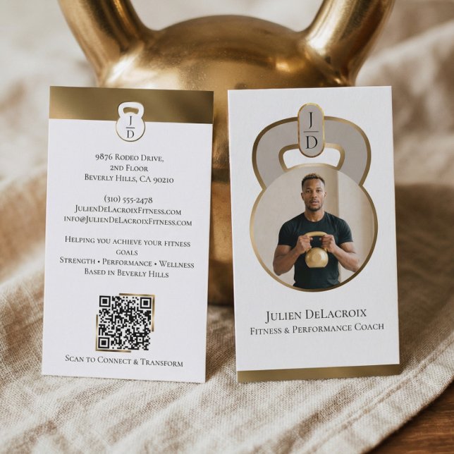 Tarjeta De Visita Luxe Gold Kettlebell Monogram Fitness Coach Photo (Luxe Gold Kettlebell Monogram Fitness Coach Photo Business Card)