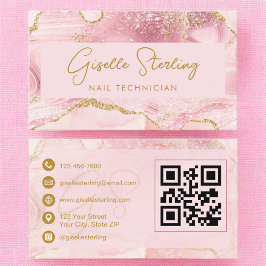 Tarjeta De Visita Luxe Nail Technician Blush Pink Gold Agate QR Code