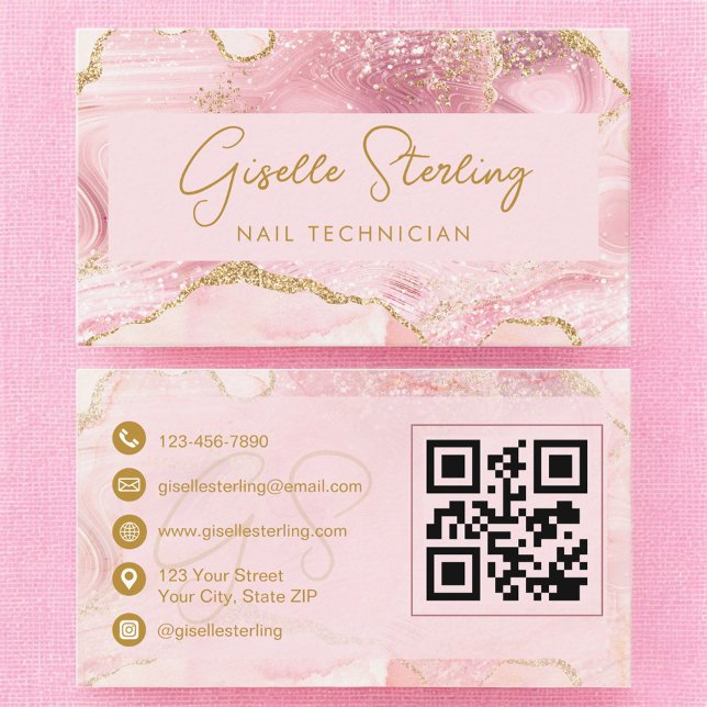 Tarjeta De Visita Luxe Nail Technician Blush Pink Gold Agate QR Code (Subido por el creador)