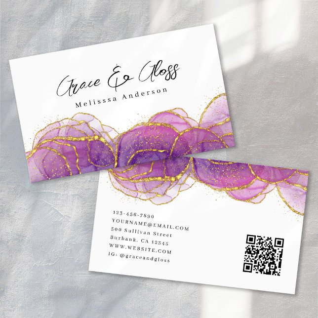 Tarjeta De Visita Luxe Purple Gold Glitter Nail Salon QR Code (Subido por el creador)