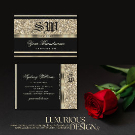 Tarjeta De Visita Luxurious Black and Gold Glitter Stars Monogram