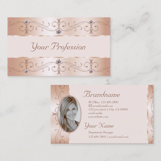 Tarjeta De Visita Luxurious Rose Gold Ornate Borders Jewels Add Foto (Anverso / Reverso)