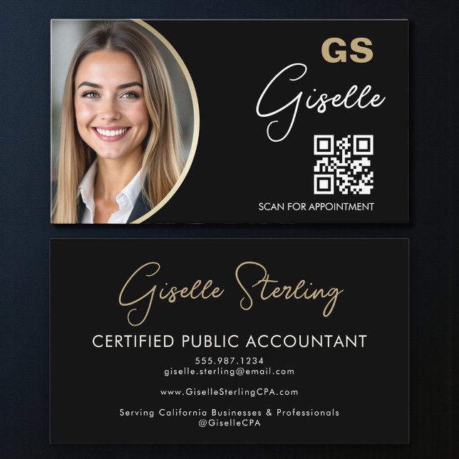 Tarjeta De Visita Luxury Accountant CPA QR Code Black Gold Photo  (Subido por el creador)