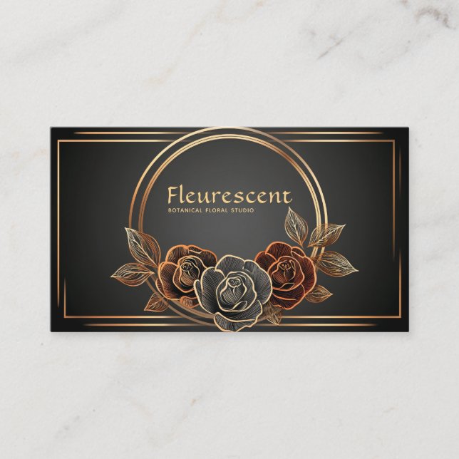 Tarjeta De Visita Luxury Black and Gold Line Art Rose Floral (Anverso)