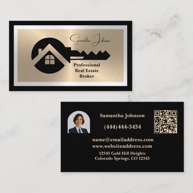 Tarjeta De Visita Luxury Black and Gold QR Code Photo Real Estate  (Anverso / Reverso)