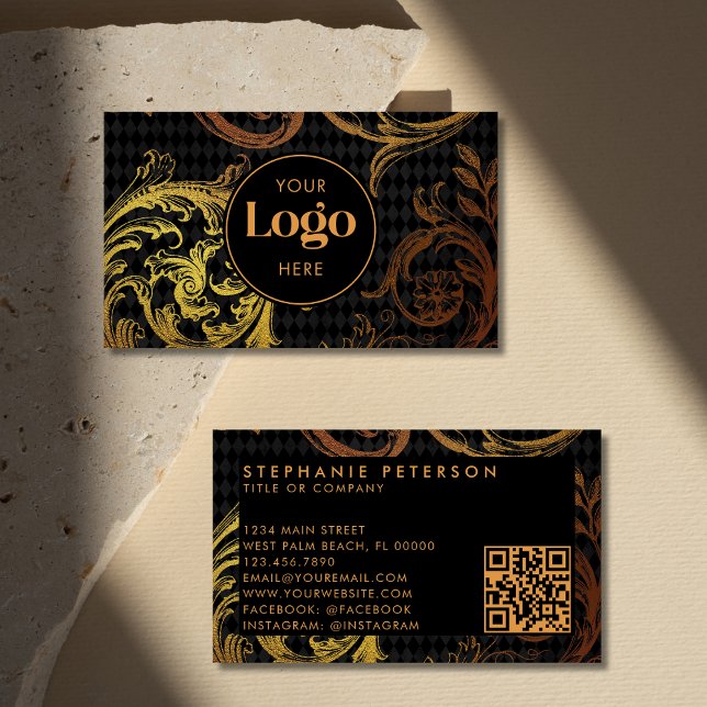 Tarjeta De Visita Luxury Black & Gold Baroque Custom Logo QR Code (Subido por el creador)