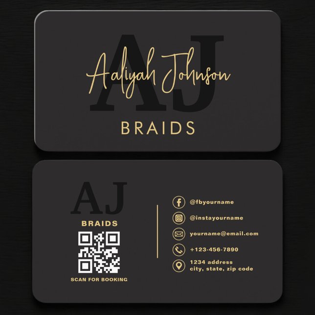 Tarjeta De Visita Luxury Black Gold Braids Hair Stylist (Subido por el creador)