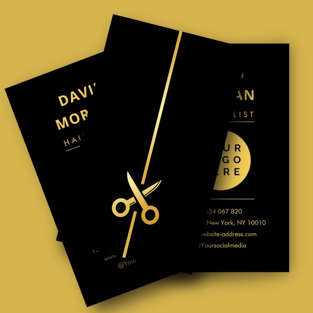 Tarjeta De Visita Luxury Black & Gold Hairstylist Scissors Logo (Subido por el creador)