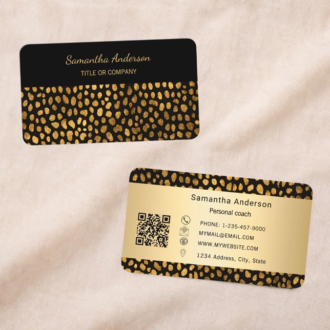 Tarjeta De Visita Luxury Black Gold Leopard Print QR Code (Subido por el creador)