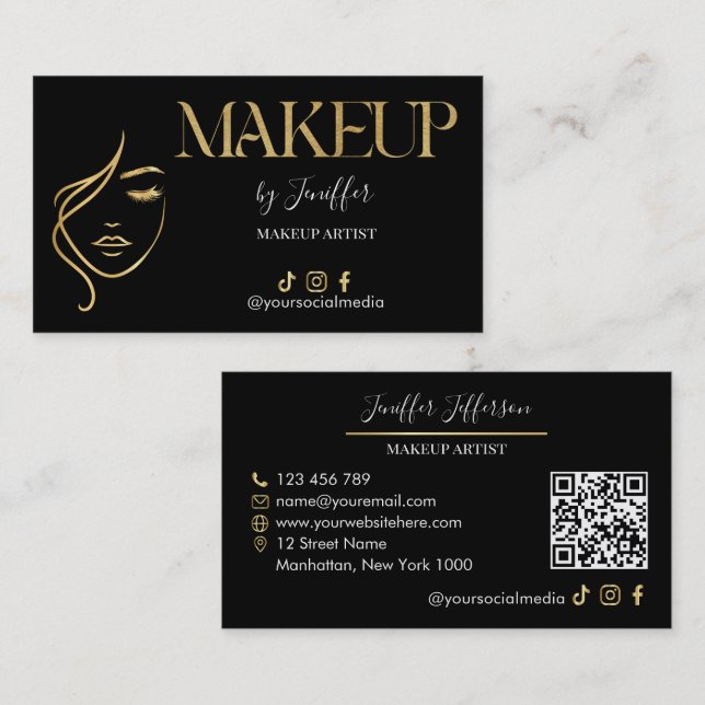 Tarjeta De Visita Luxury Black & Gold Makeup artist Bussines card (Anverso / Reverso)
