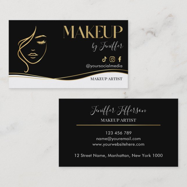 Tarjeta De Visita Luxury Black & Gold Makeup artist Bussines card (Anverso / Reverso)
