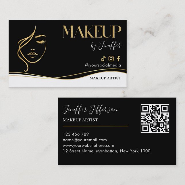 Tarjeta De Visita Luxury Black & Gold Makeup artist Bussines card (Anverso / Reverso)