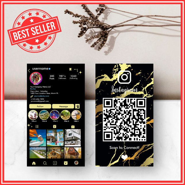Tarjeta De Visita LUXURY Black & Gold Marble Agate QR (Subido por el creador)