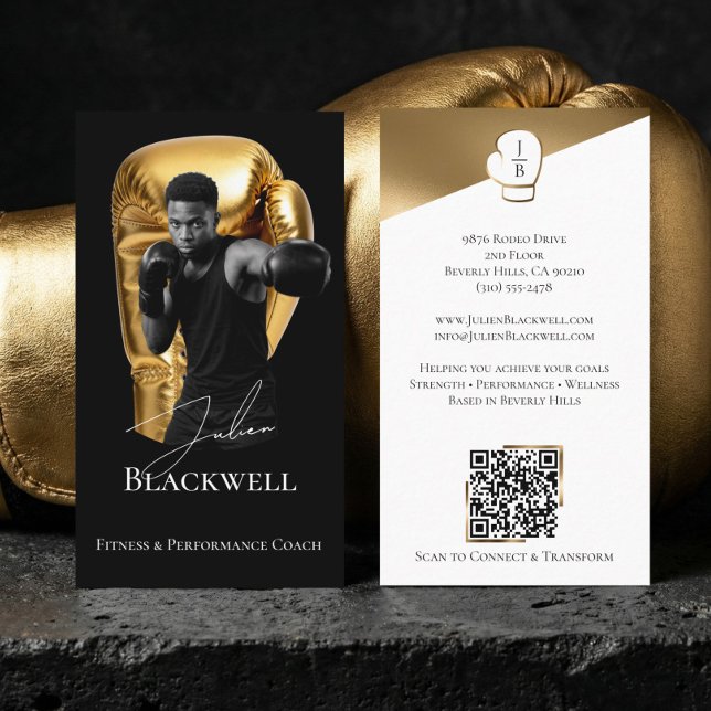 Tarjeta De Visita Luxury Black Gold Personal Trainer Boxing Photo (Luxury Black Gold Personal Trainer Boxing Photo Business Card)