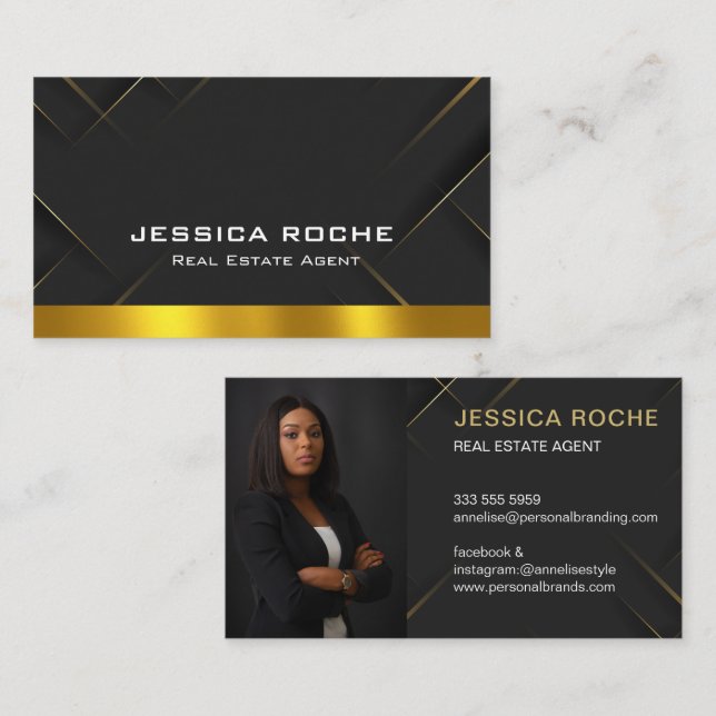 Tarjeta De Visita Luxury Black Gold Photo Real Estate Agent QR Code  (Anverso / Reverso)