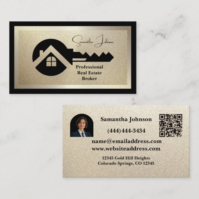 Tarjeta De Visita Luxury Black & Gold QR Photo Real Estate  (Anverso / Reverso)