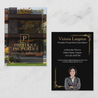 Tarjeta De Visita Luxury Black Gold Real Estate Photo Monogram