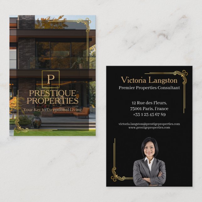 Tarjeta De Visita Luxury Black Gold Real Estate Photo Monogram (Anverso / Reverso)