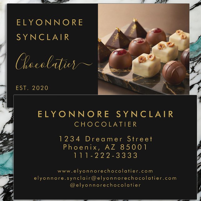 Tarjeta De Visita Luxury Black Gold Script Chocolatier Photo (Subido por el creador)