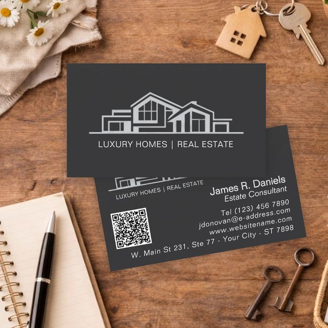 Tarjeta De Visita Luxury Black Gray Real Estate Chic Professional (Subido por el creador)