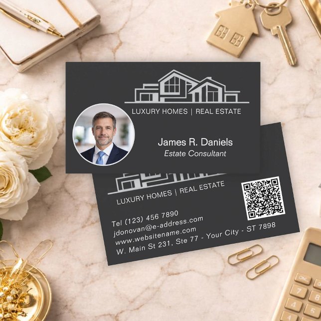 Tarjeta De Visita Luxury Black Gray Real Estate Chic Professional (Subido por el creador)