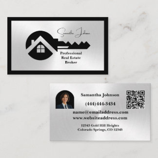 Tarjeta De Visita Luxury Black & Silver QR Code Photo Real Estate 