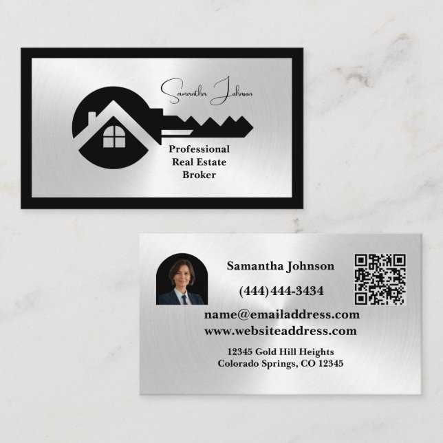 Tarjeta De Visita Luxury Black & Silver QR Code Photo Real Estate  (Anverso / Reverso)