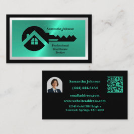 Tarjeta De Visita Luxury Black & Turquoise QR Code Photo Real Estate