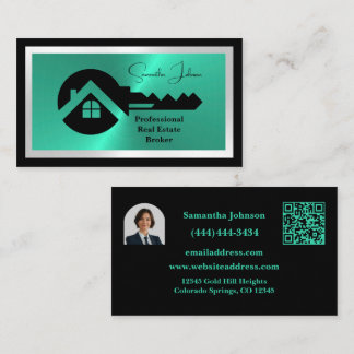 Tarjeta De Visita Luxury Black & Turquoise QR Code Photo Real Estate