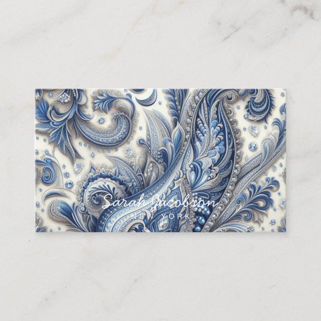 Tarjeta De Visita Luxury Blue and White Paisley (Anverso)