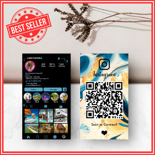 Tarjeta De Visita LUXURY Blue & Gold Black Instagram Marble Agate QR