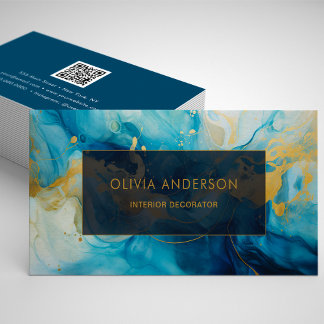 Tarjeta De Visita Luxury Blue Gold QR Code Moda Moderno