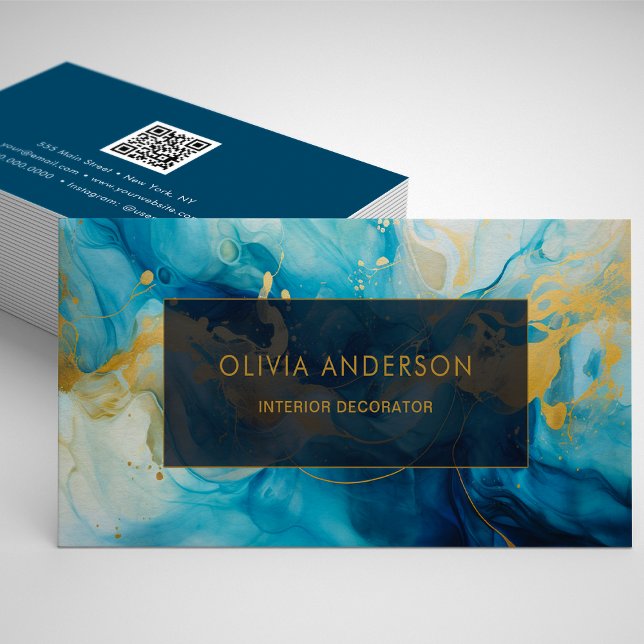 Tarjeta De Visita Luxury Blue Gold QR Code Moda Moderno (Luxury Blue Gold QR Code Fashion Trendy Modern Business Card)