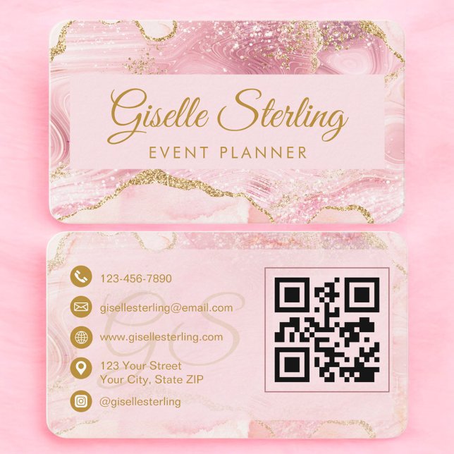 Tarjeta De Visita Luxury Blush Pink Gold Event Planner QR Code (Subido por el creador)