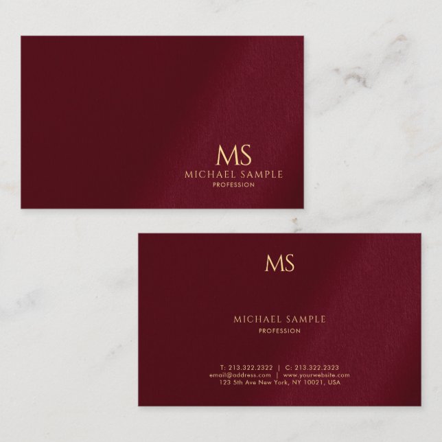 Tarjeta De Visita Luxury Bordeaux Elegant Gold Text Monogram (Anverso / Reverso)
