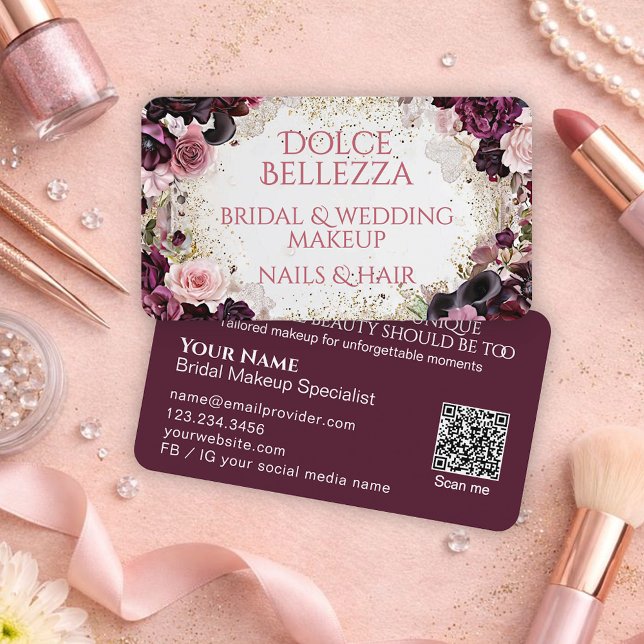 Tarjeta De Visita Luxury Burgundy Floral Bridal Makeup Artist (Subido por el creador)