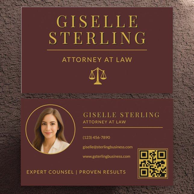 Tarjeta De Visita Luxury Burgundy Gold Attorney at Law QR Code (Subido por el creador)