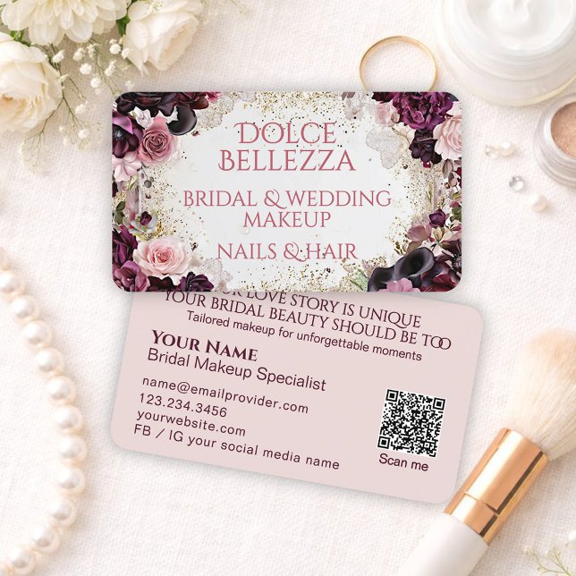 Tarjeta De Visita Luxury Burgundy Pink Floral Bridal Makeup Artist (Subido por el creador)