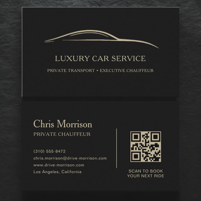 Tarjeta De Visita Luxury Car Service QR Code Black & Gold (Subido por el creador)